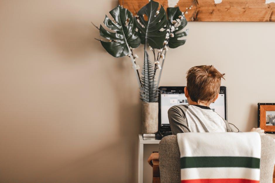 Young boy studying at home on a laptop for online learning in a cozy room